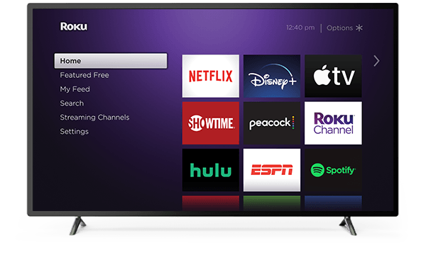 Roku homescreen featuring Netflix, Roku Channel, Spotify, Apple TV, and more