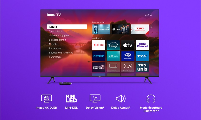 Téléviseur Série Plus Roku affichant l’écran d’accueil Roku