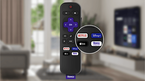 Roku TV Remote with close up of partner app buttons