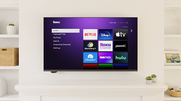 TV con interfaz de usuario de pantalla de inicio de Roku.