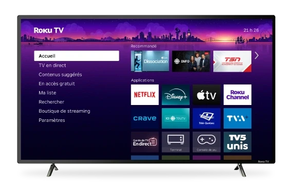 Écran d’ accueil Roku TV affichant les paramètres pour les jeux, l’ antenne, Netflix, Disney+, Apple TV, CBC et Crave
