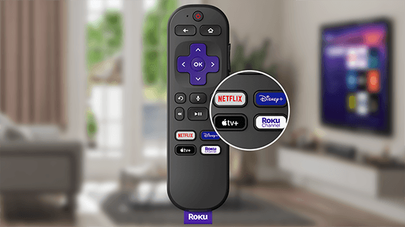 Vista de cerca de botones de apps de streaming populares en el Roku&nbsp;Voice&nbsp;Remote