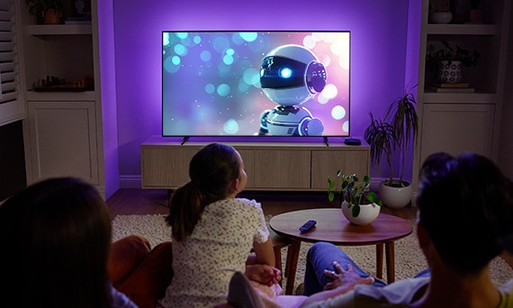 Famille regardant un téléviseur Série Plus Roku affichant une image 4K nette.