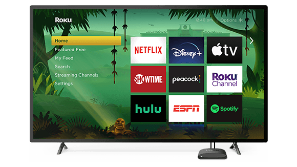 Roku Express 4K+ plugged into a TV displaying the Roku UI.