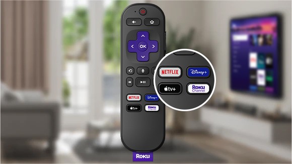 Close up view of popular streaming app buttons on the Roku Voice Remote