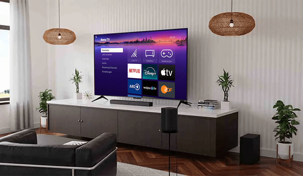 Familie im Wohnzimmer, die Roku TV schaut