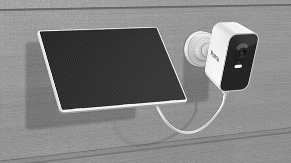 Roku Solar Panel connected to a Roku Battery Camera using a USB-C cable