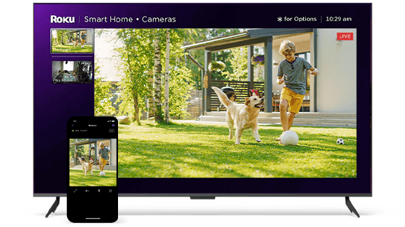Roku Outdoor Wired Camera displaying video of a child and dog playing in the backyard on a Roku TV