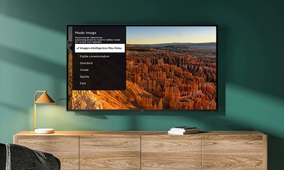 Téléviseur de la Série Plus Roku affichant un écran aux couleurs nettes, utilisant Image intelligente Max Roku.