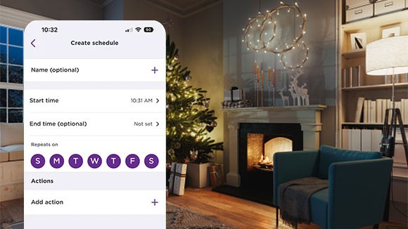 Lamp in living room with the custom schedules screenshot on the Roku Smart Home mobile app