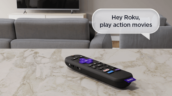 Voice bubble illustrating the hands-free voice controls of the Roku Voice Remote Pro