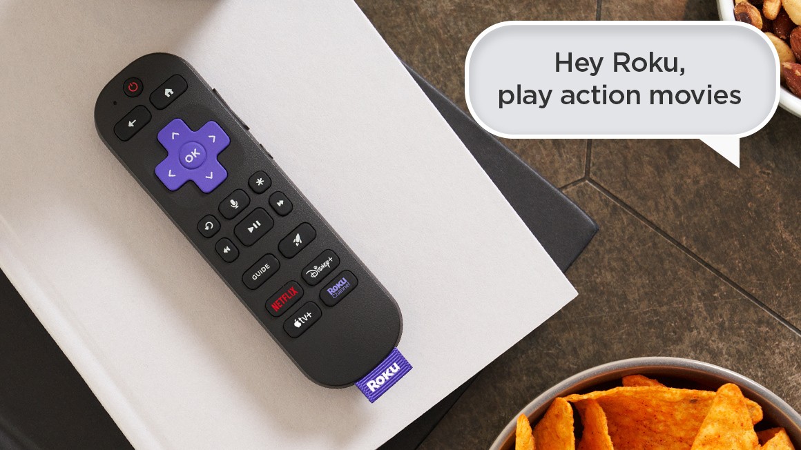 Roku Voice Remote Pro (2nd edition) next to voice bubble displaying, "Hey Roku, play action movies."