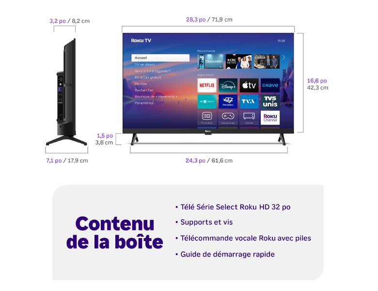 Contenu de la boîte d’un téléviseur Série Select HD Roku de 32&nbsp;po