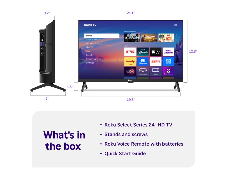 What's in the box when you purchase a Roku 24" Select Series HD TV