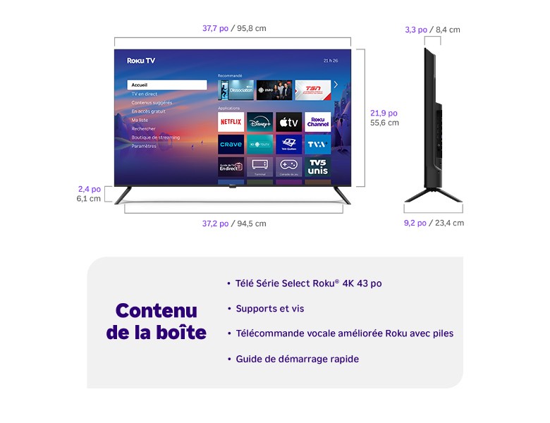 Contenu de la boîte d’un téléviseur 4K Série Select Roku 43&nbsp;po