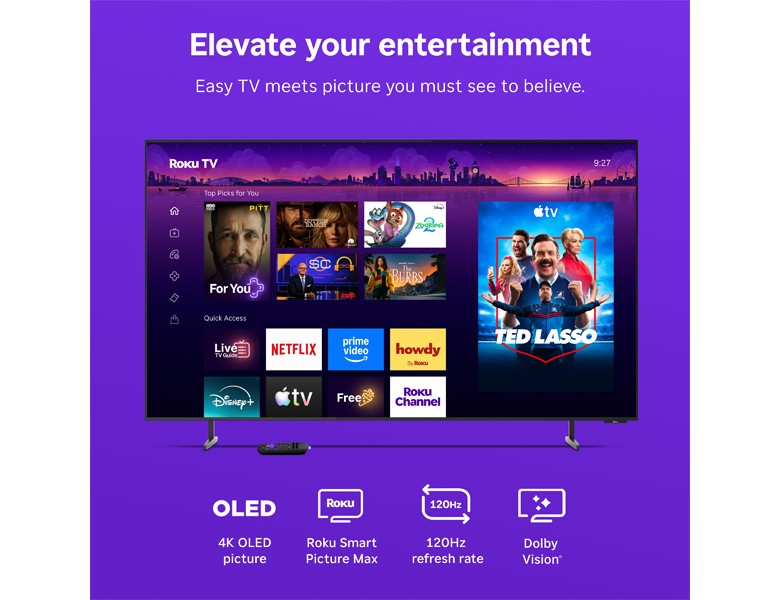 Roku 55" class Pro Series OLED TV displaying the Roku UI screen