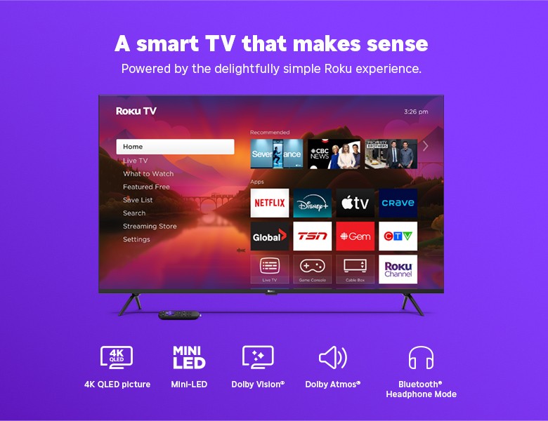 Roku 55" Plus Series Mini-LED TV displaying the Roku home screen with remote