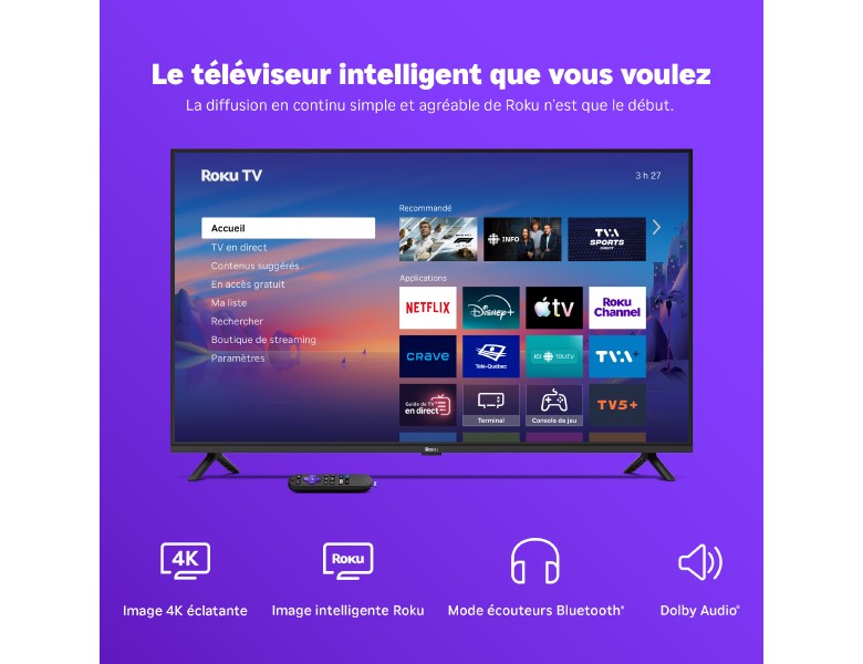 Téléviseur 4K Série Select Roku 43&nbsp;po affichant l’écran d’accueil Roku
