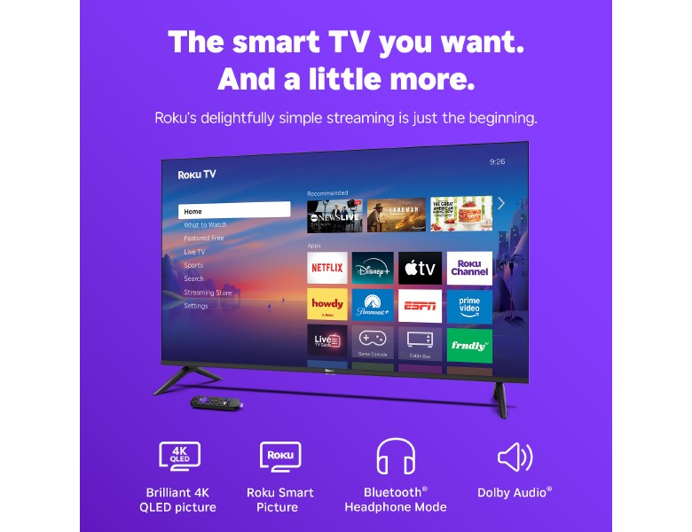 Roku 50" Select Series 4K TV displaying the Roku home screen