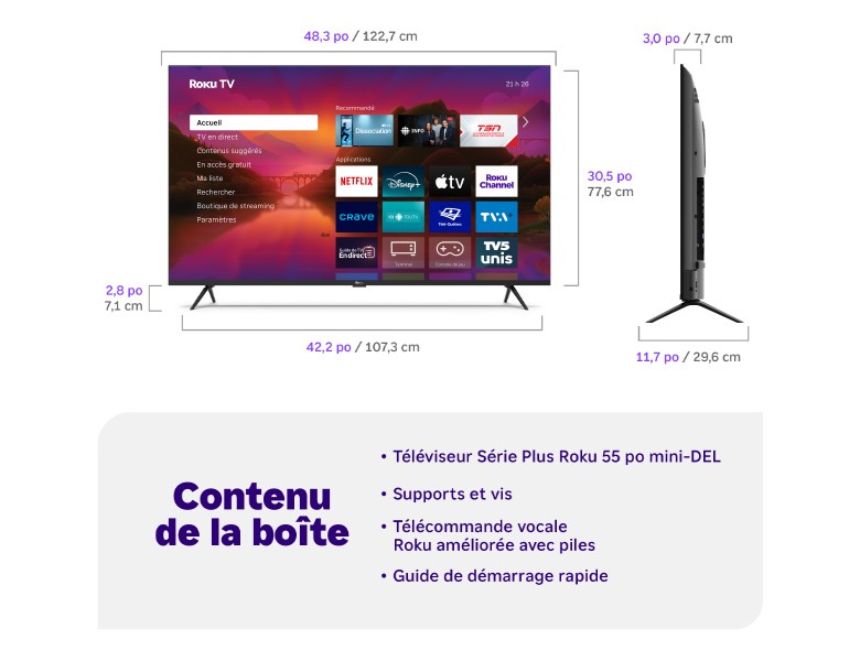 Contenu de la boîte d’un téléviseur Série Plus Roku mini-DEL de 55&nbsp;po