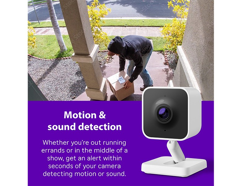 Roku Outdoor Wired Camera detecting a package being delivered on the front porch of a home