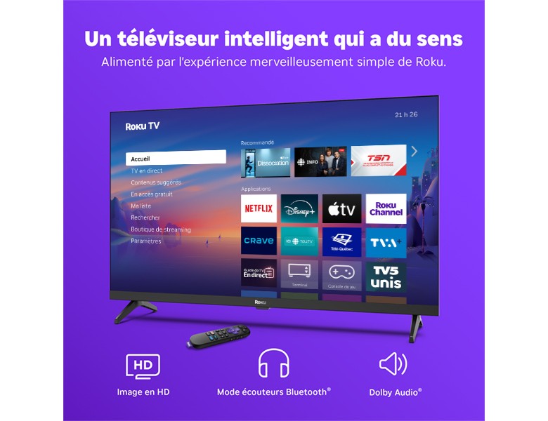 Téléviseur Série Select HD Roku de 32&nbsp;po affichant l’écran d’accueil Roku