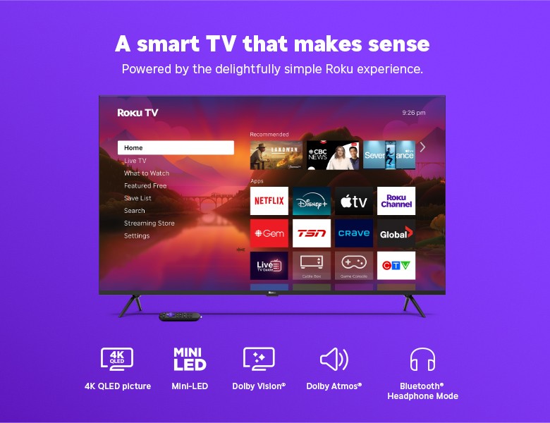 Roku 55" Plus Series Mini-LED TV displaying the Roku home screen with remote