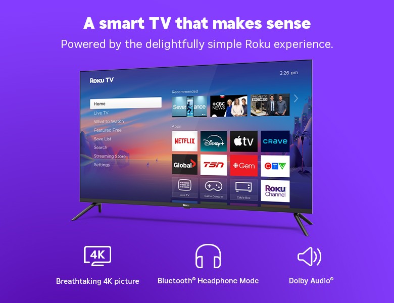 Roku 43" Select Series 4K TV displaying the Roku home screen