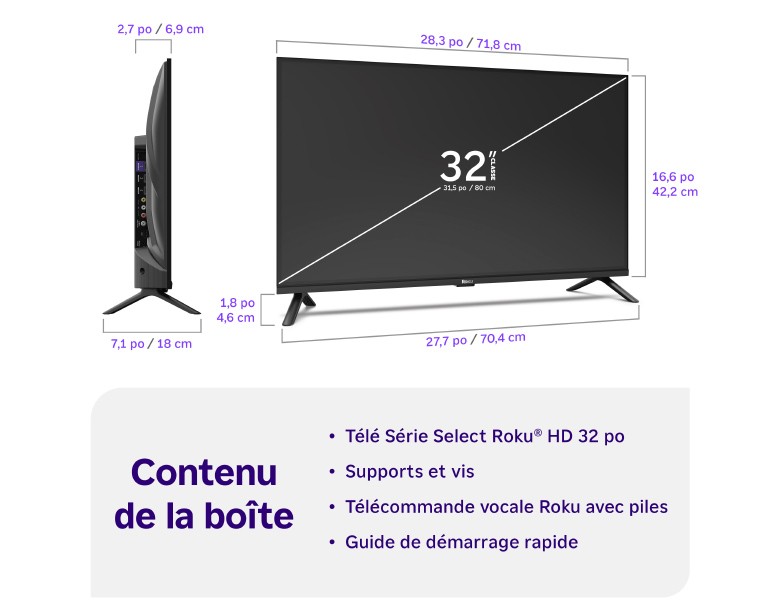 Contenu de la boîte d’un téléviseur Série Select HD Roku de 32&nbsp;po