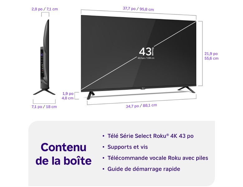 Contenu de la boîte d’un téléviseur 4K Série Select Roku 43&nbsp;po
