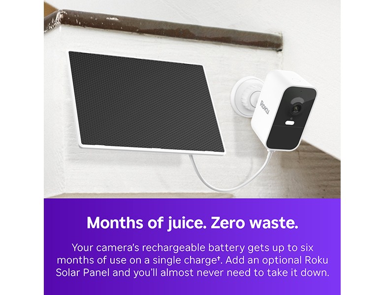 Roku Solar Panel attached to a Roku Battery Camera mounted to the side of a house