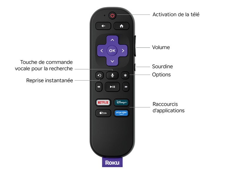 Descriptions des touches de la télécommande vocale Roku incluse avec les téléviseurs Série Select HD Roku