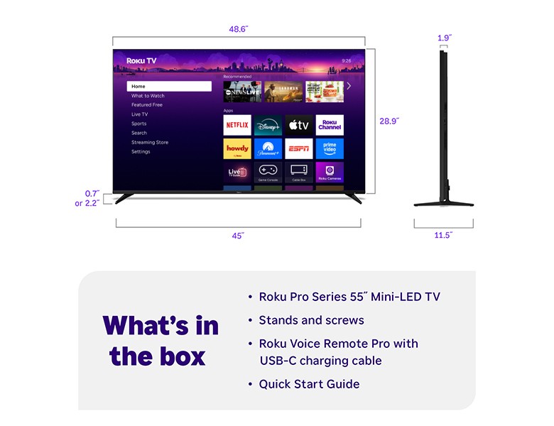 What's in the box when you purchase a Roku Pro Series 55" 4K Mini-LED TV