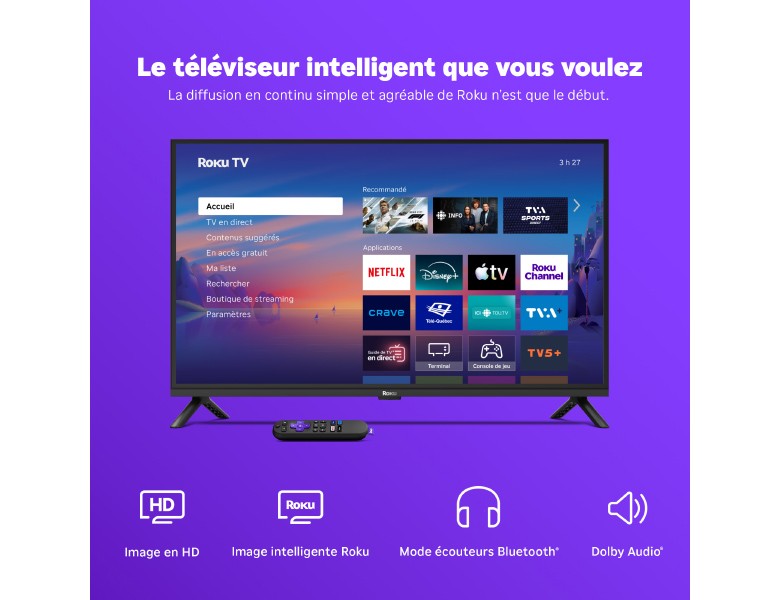 Téléviseur Série Select HD Roku de 32&nbsp;po affichant l’écran d’accueil Roku