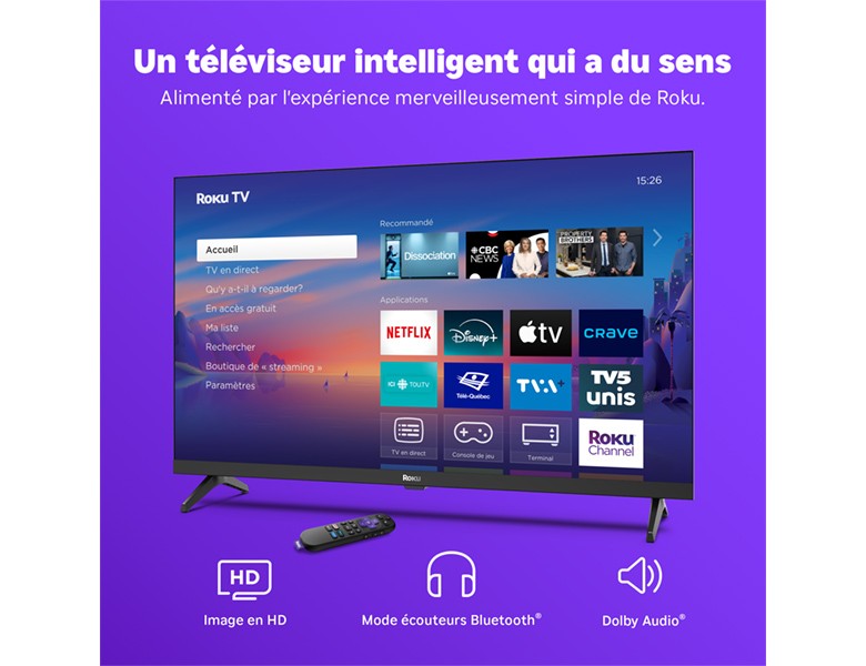 Téléviseur Série Select HD Roku de 32&nbsp;po affichant l’écran d’accueil Roku