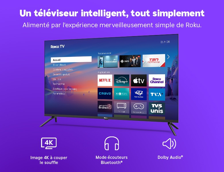 Téléviseur 4K Série Select Roku 43&nbsp;po affichant l’écran d’accueil Roku