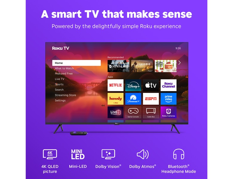 Roku 55" Plus Series Mini-LED TV displaying the Roku home screen with remote