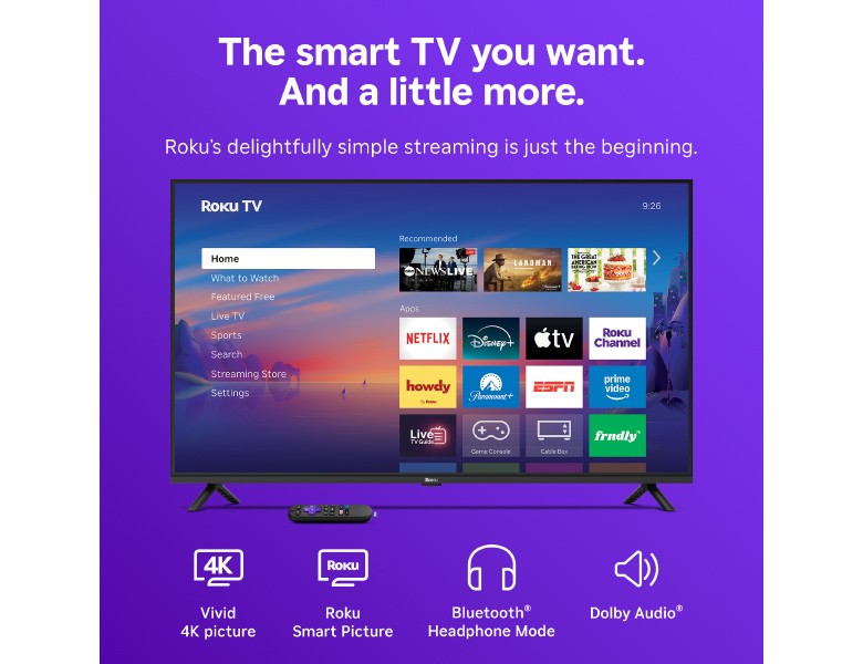 Roku 43" Select Series 4K TV displaying the Roku home screen