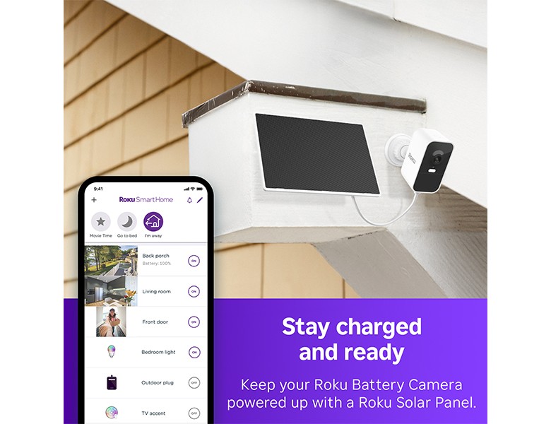 Roku Solar Panel USB-C connected to a Roku Battery Camera and mounted to a roof