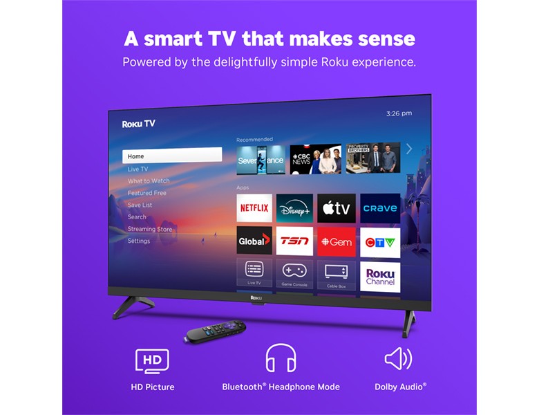 Roku 32" Select Series HD TV displaying the Roku home screen