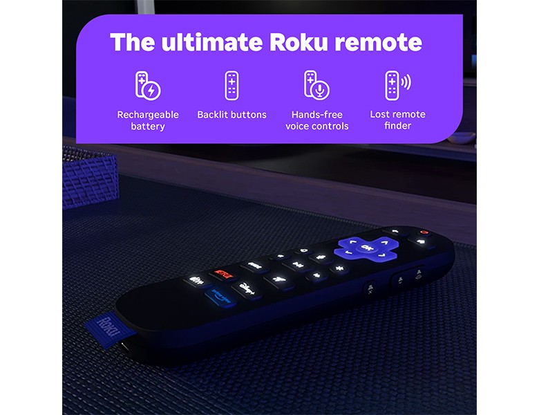 Roku Voice Remote Pro displaying backlit buttons in a darkened room