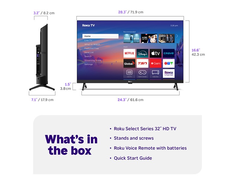 What's in the box when you purchase a Roku 32" Select Series HD TV