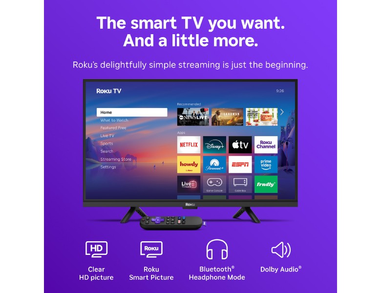 Roku 24" Select Series HD TV displaying the Roku home screen