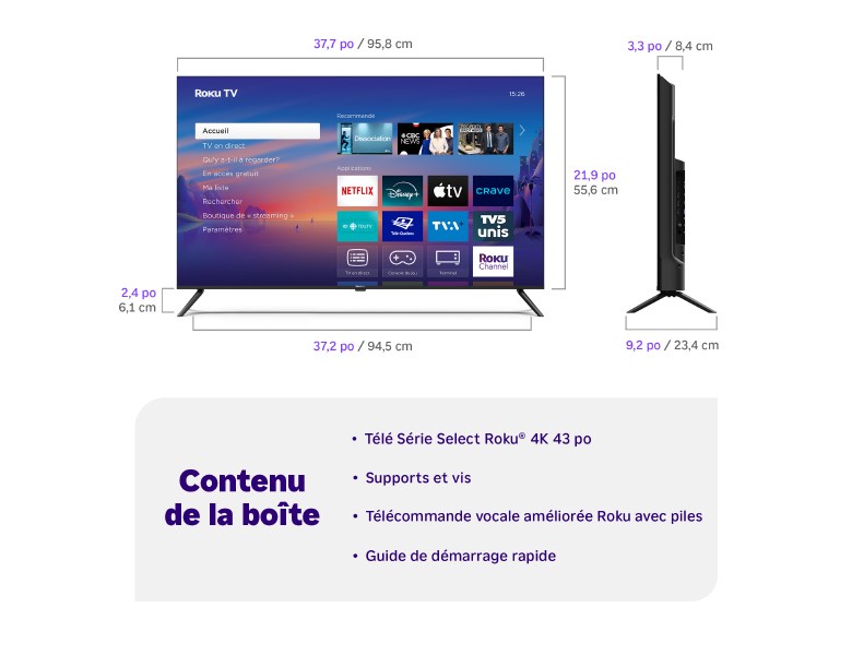 Contenu de la boîte d’un téléviseur 4K Série Select Roku 43&nbsp;po