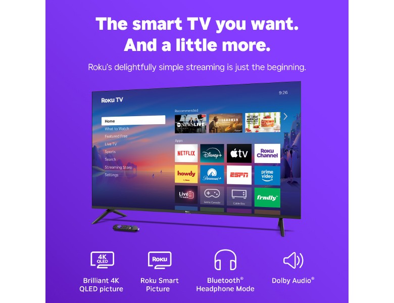 Roku 55" Select Series 4K TV displaying the Roku home screen
