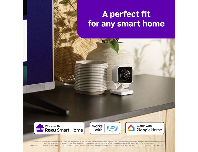 The Roku Indoor Camera works with Roku Smart Home, Amazon Alexa, and Google Home
