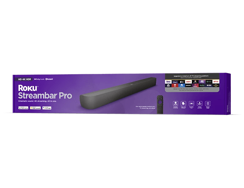  Roku Streambar Pro & Surround Sound Set  Dispositivo de  transmisión 4K HDR y barra de sonido cinematográfica todo en uno, dos altavoces  inalámbricos de TV, subwoofer inalámbrico Pro, control remoto 