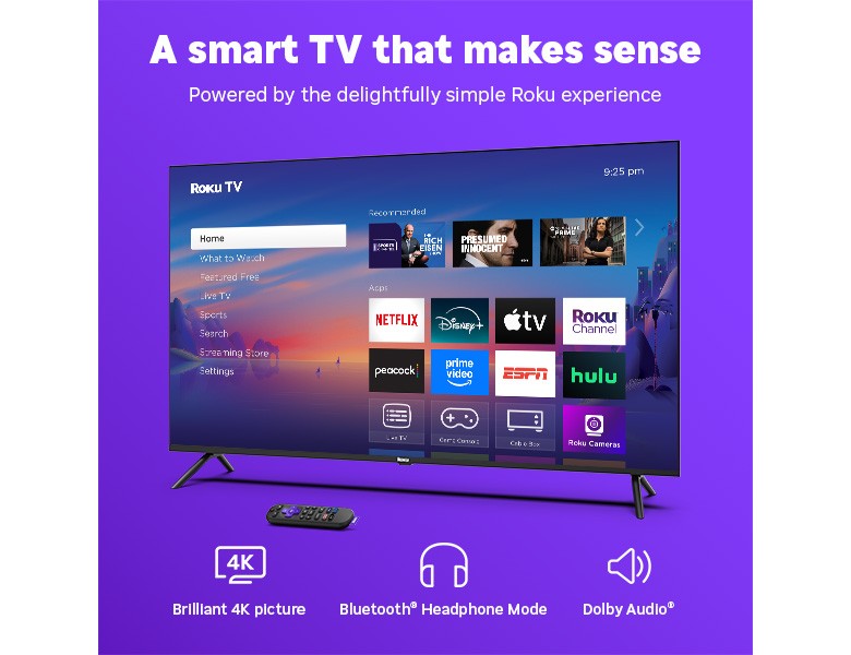 Roku 43" Select Series 4K TV displaying the Roku home screen