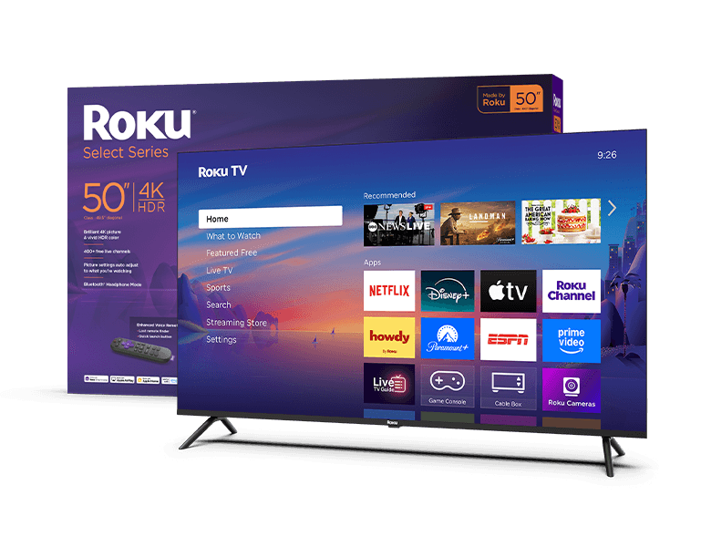 Roku 50" Select Series 4K TV and retail box