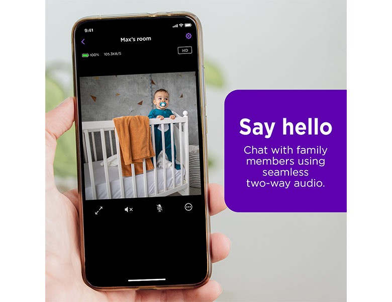 The Roku Smart Home mobile app displaying video feed of a baby in a crib